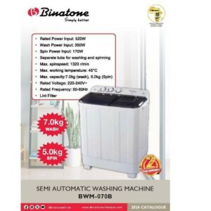 Machine à Laver Semi-automatique 7kg – Binatone – BWM-070B